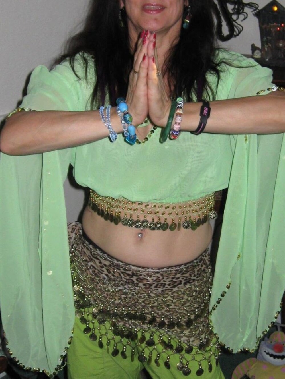 Bellydance top, longsleeve, coins, sequins. Pale green, worn once. Size Medium.